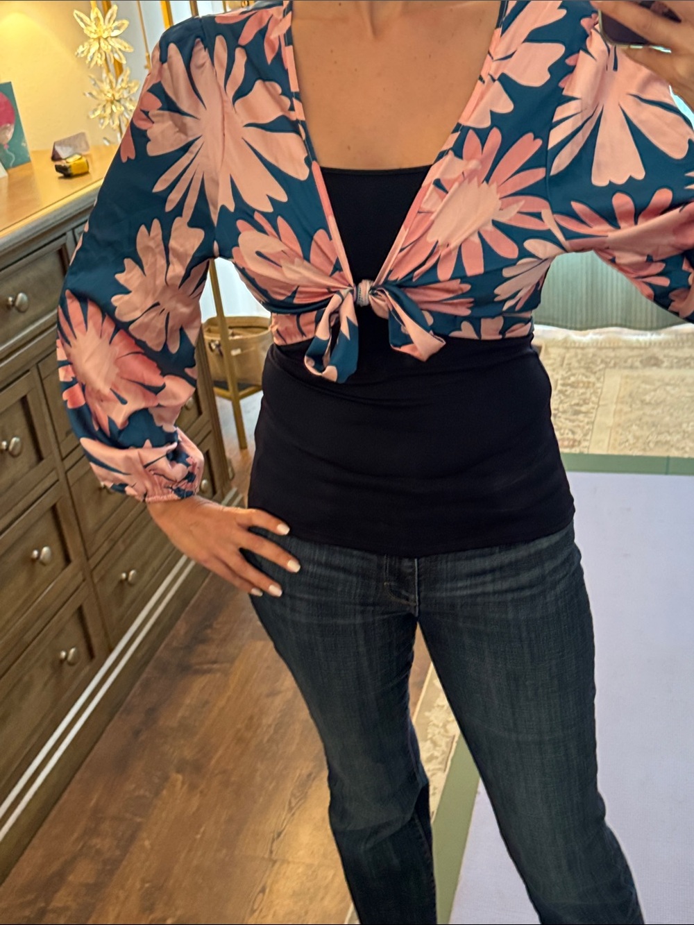 Reversible SHEIN Pink Floral Tie-Front Crop Top on Teal